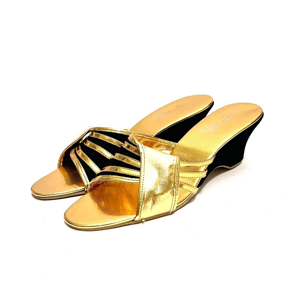 Vintage 1960s deadstock gold vegan black velvet wedge heel boudoir slippers